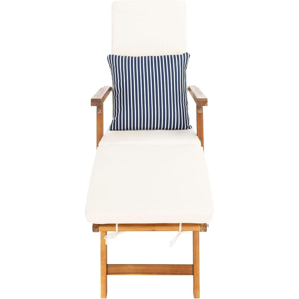 image:imageSAFAVIEH Outdoor Collection Palmdale Grey Solid WoodNavy Cushion Chaise Lounge Chair PAT7015BNaturalBeige Thin Stripe