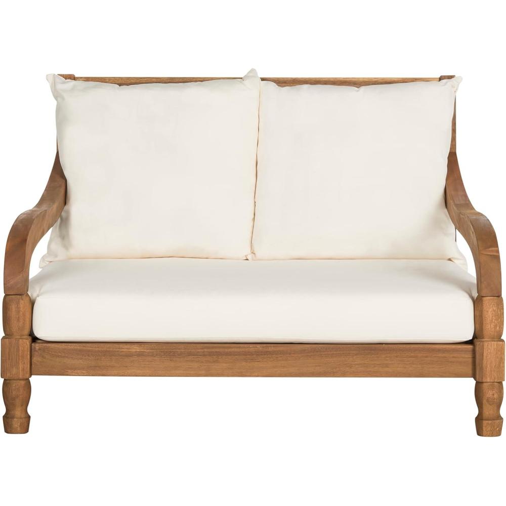image:imageSAFAVIEH Outdoor Collection Pomona Dark Slate Grey Solid WoodBeige Cushion Lounger Bench Sofa Loveseat PAT6740KNatural Beige