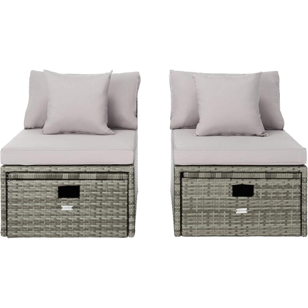 image:imageSAFAVIEH Outdoor Collection Pramla Grey BrownWhite Cushion Settee with Storage Ottoman Set of 2 PAT7515CGrey  Grey