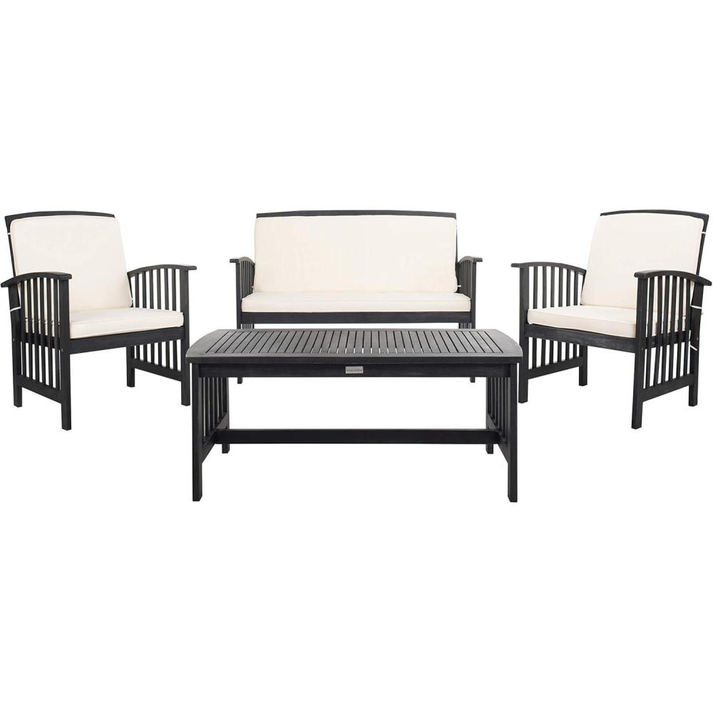 image:imageSAFAVIEH Outdoor Collection Rocklin Natural Green Cushion 4Piece Conversation Patio SetBlackWhite