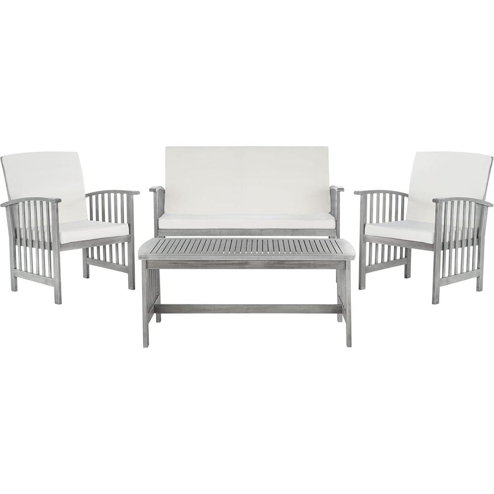image:imageSAFAVIEH Outdoor Collection Rocklin Natural Green Cushion 4Piece Conversation Patio SetGreywashBeige