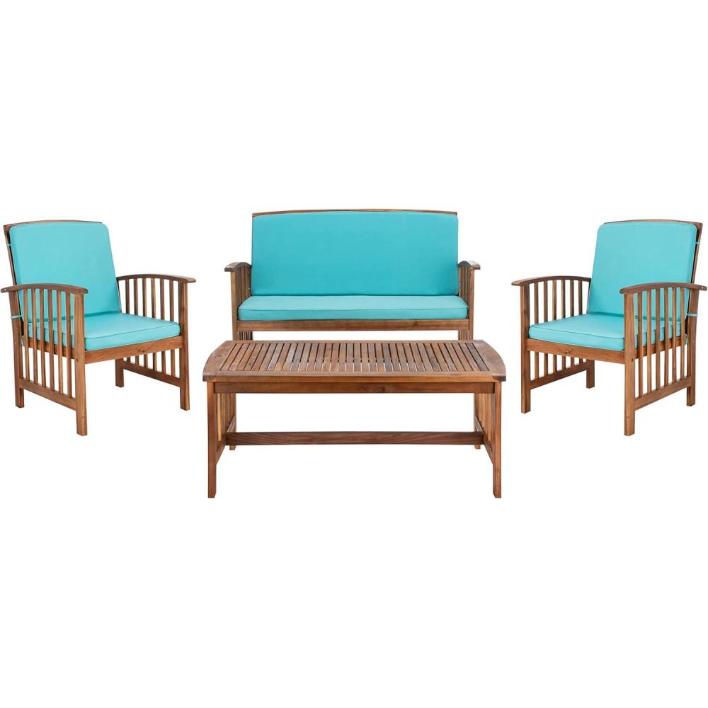 image:imageSAFAVIEH Outdoor Collection Rocklin Natural Green Cushion 4Piece Conversation Patio SetNaturalAqua