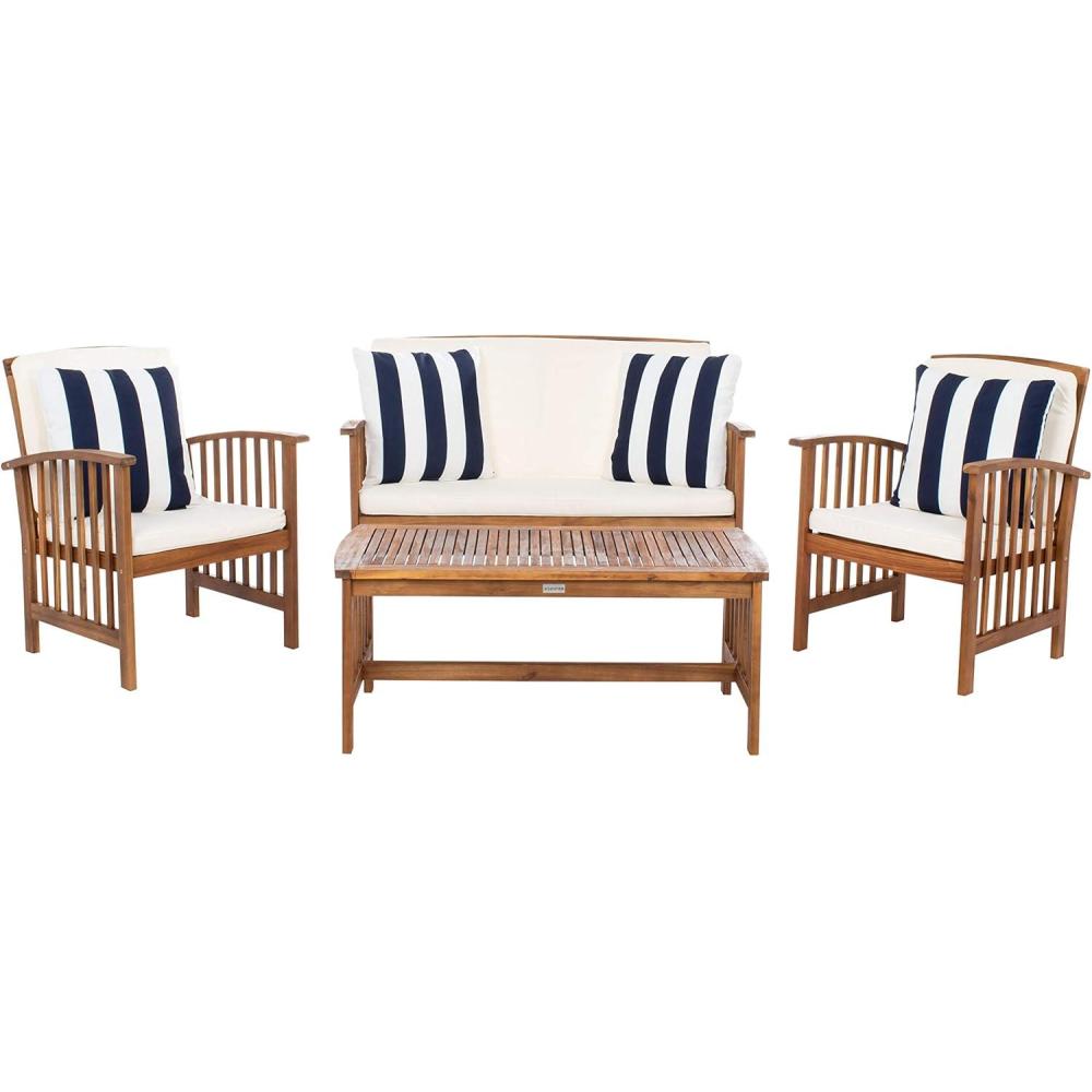 image:imageSAFAVIEH Outdoor Collection Rocklin Natural Green Cushion 4Piece Conversation Patio SetNaturalBeigeThickstripe