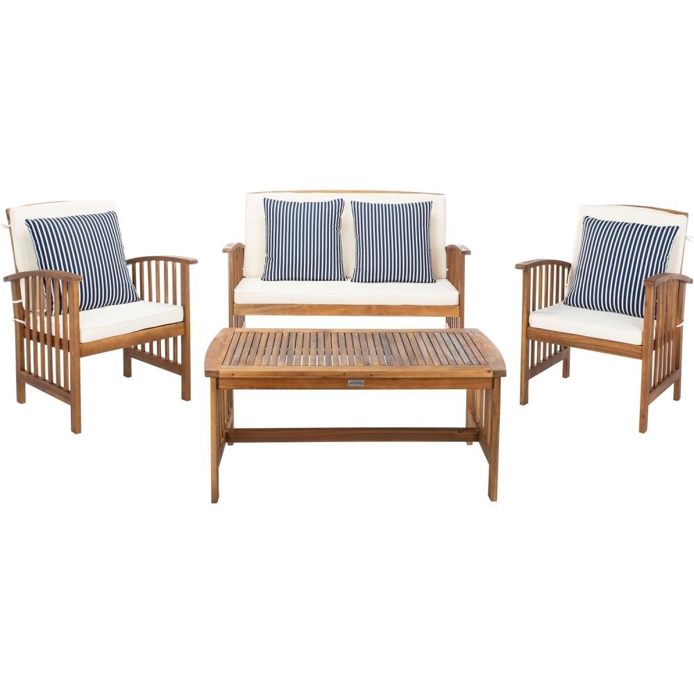 image:imageSAFAVIEH Outdoor Collection Rocklin Natural Green Cushion 4Piece Conversation Patio SetNaturalBeigeThinstripe