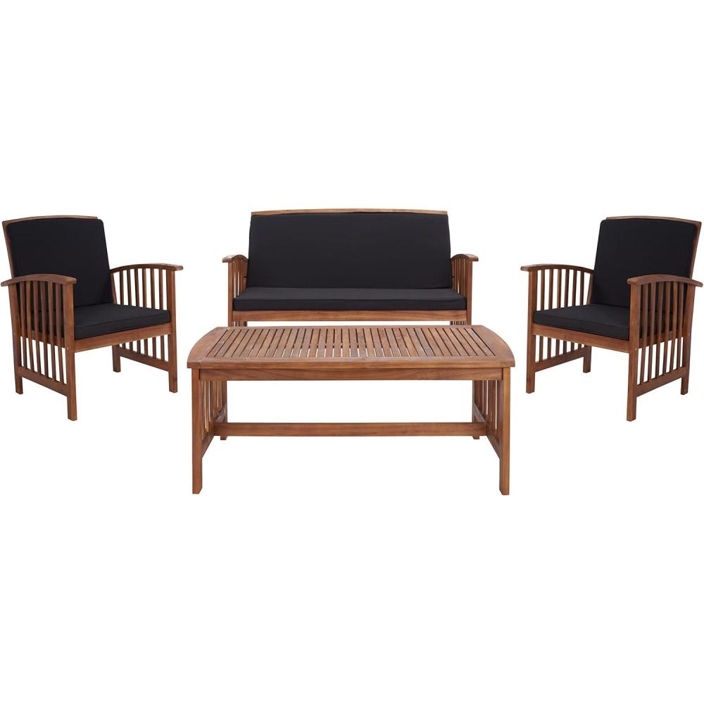image:imageSAFAVIEH Outdoor Collection Rocklin Natural Green Cushion 4Piece Conversation Patio SetNaturalBlack