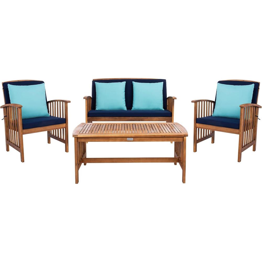 image:imageSAFAVIEH Outdoor Collection Rocklin Natural Green Cushion 4Piece Conversation Patio SetNaturalNavyLightblue