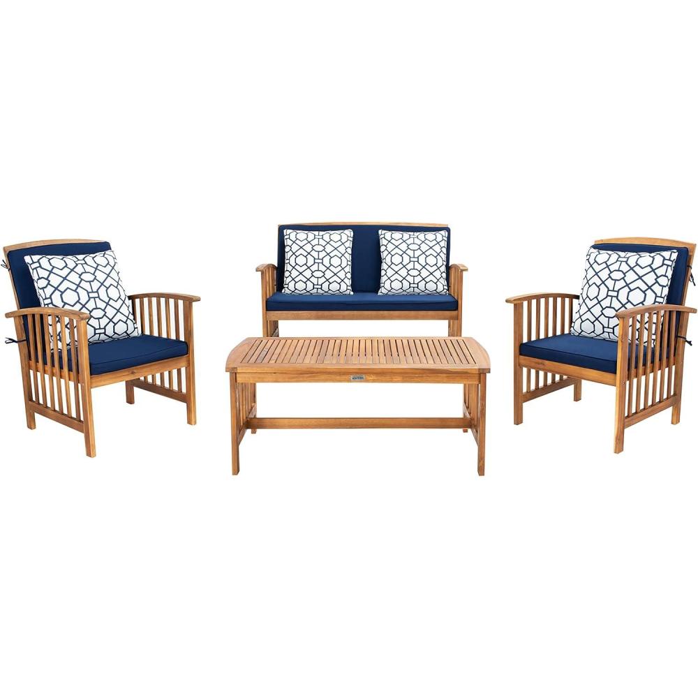 image:imageSAFAVIEH Outdoor Collection Rocklin Natural Green Cushion 4Piece Conversation Patio SetNaturalNavyblue