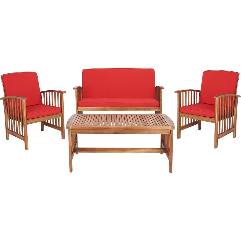 image:imageSAFAVIEH Outdoor Collection Rocklin Natural Green Cushion 4Piece Conversation Patio SetNaturalRed