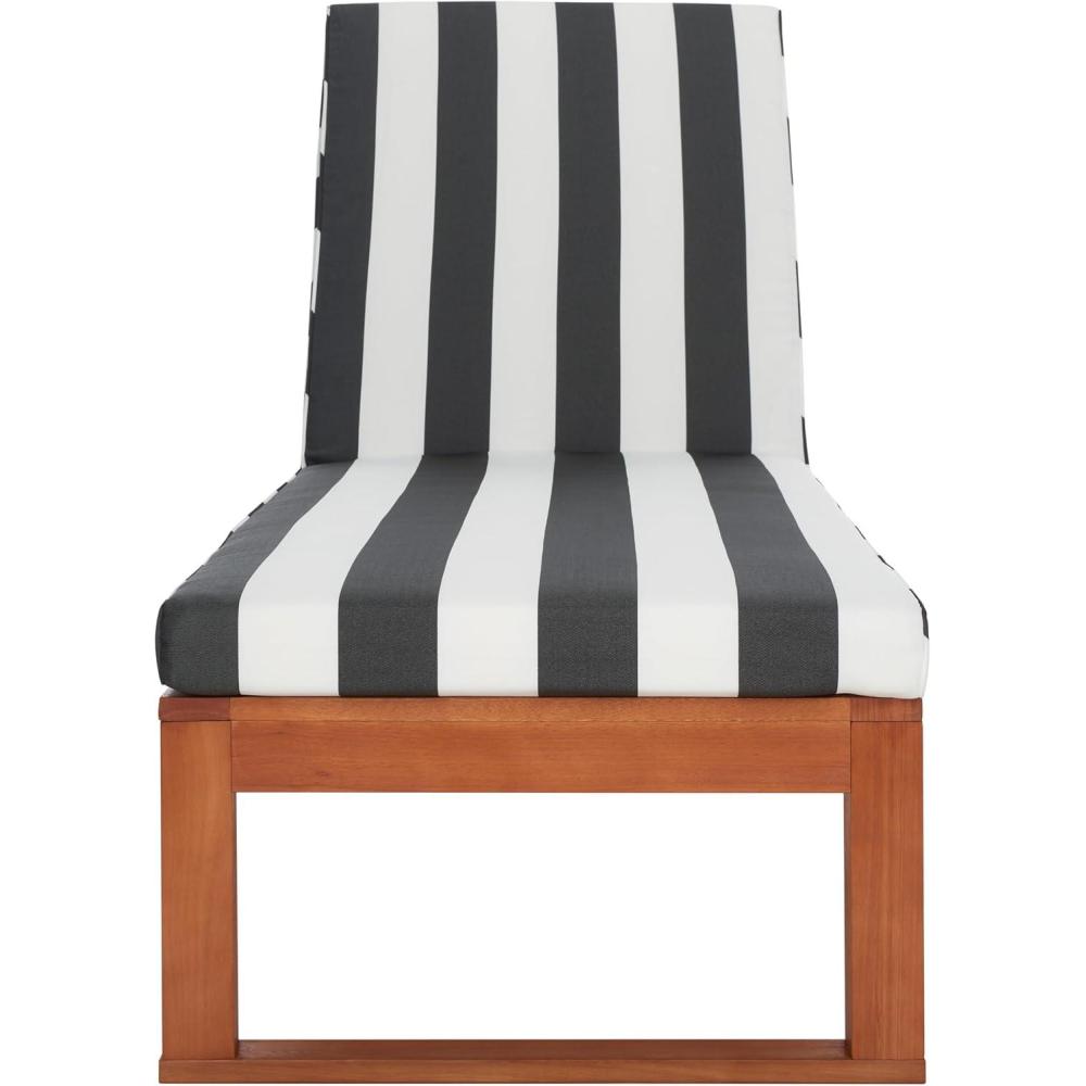 image:imageSAFAVIEH Outdoor Collection Solano Natural Brown Solid WoodBlack Cushion Patio Adjustable Chaise Lounge Chair PAT7024FNaturalNavy Stripe