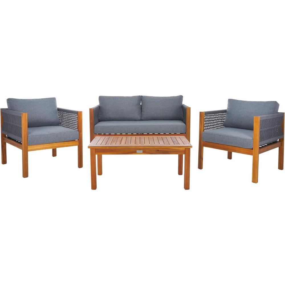 image:imageSAFAVIEH Outdoor Collection Wilson Brown Acacia WoodGrey Cushion amp Rope 4Piece Conversation Patio SetGrey