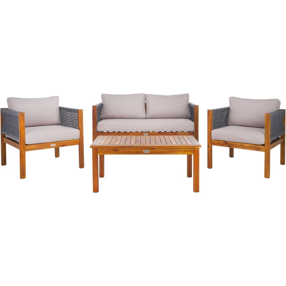 image:imageSAFAVIEH Outdoor Collection Wilson Brown Acacia WoodGrey Cushion amp Rope 4Piece Conversation Patio SetGreyLight Grey