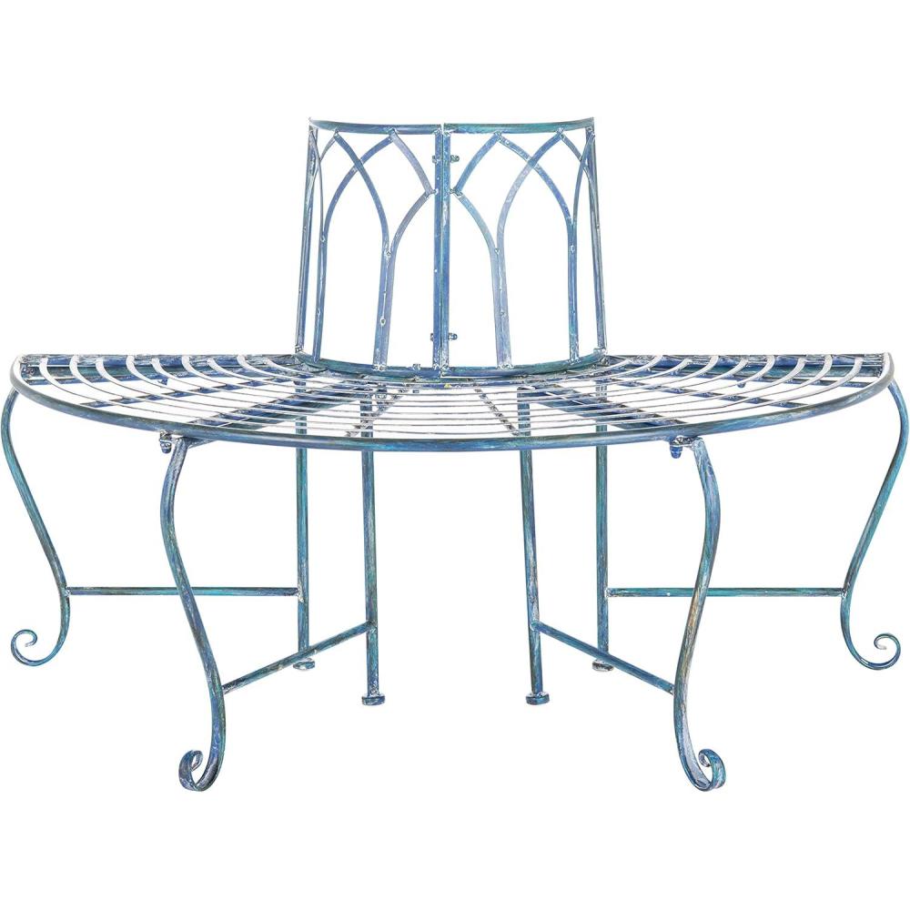 image:imageSAFAVIEH Outdoor Furniture Collection Abia Antique Blue Distressed Wrought Iron 50Inch Curved Tree Bench Garden amp Patio Seating PAT5018CMossy Blue