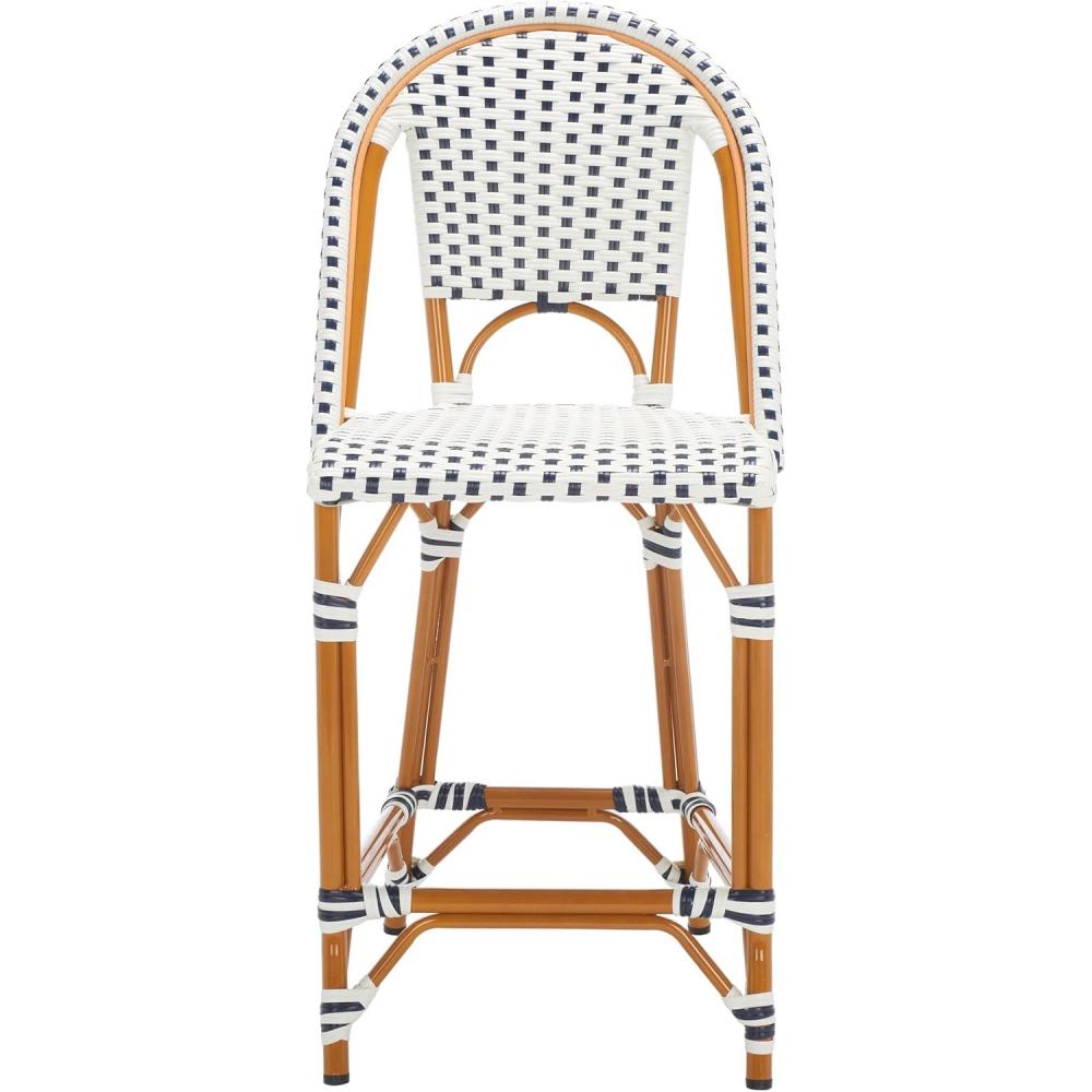 image:imageSAFAVIEH Outdoor Patio Furniture California Navy amp White Faux Wicker 25inch Seat Height Counter Stool Fully AssembledWhiteNavy
