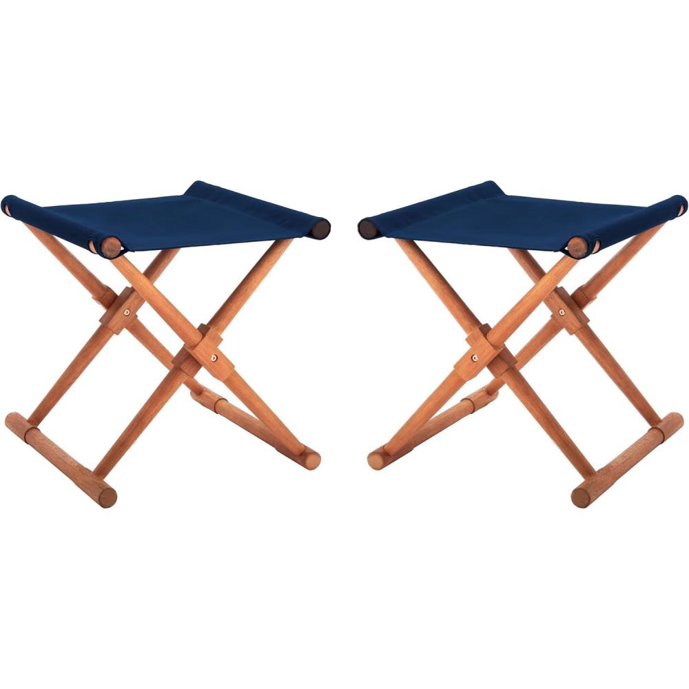 image:imageSAFAVIEH Outdoor Patio Furniture Collection Breanne Natural amp Navy Striped Outdoor Stool Set of 2 Solid Wood Folding Accent Seating PAT7053CSET2Natural Navy