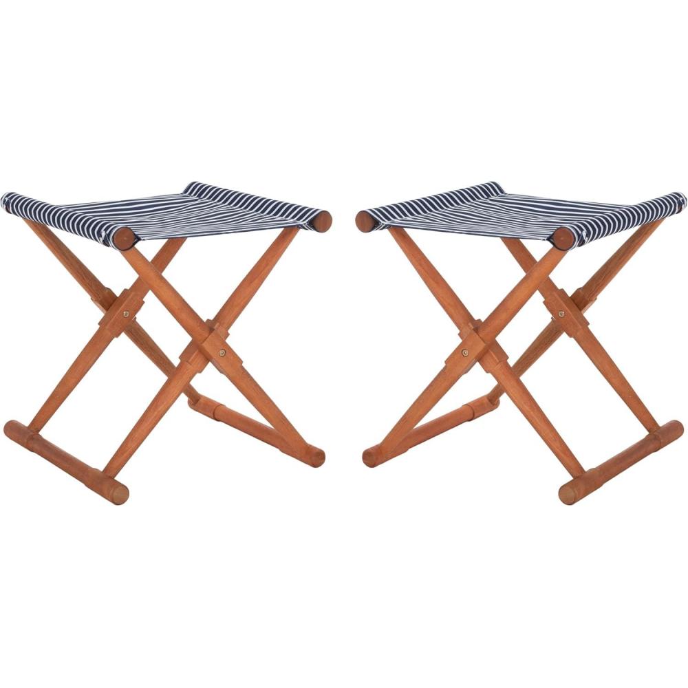 image:imageSAFAVIEH Outdoor Patio Furniture Collection Breanne Natural amp Navy Striped Outdoor Stool Set of 2 Solid Wood Folding Accent Seating PAT7053CSET2Natural Navy Stripe