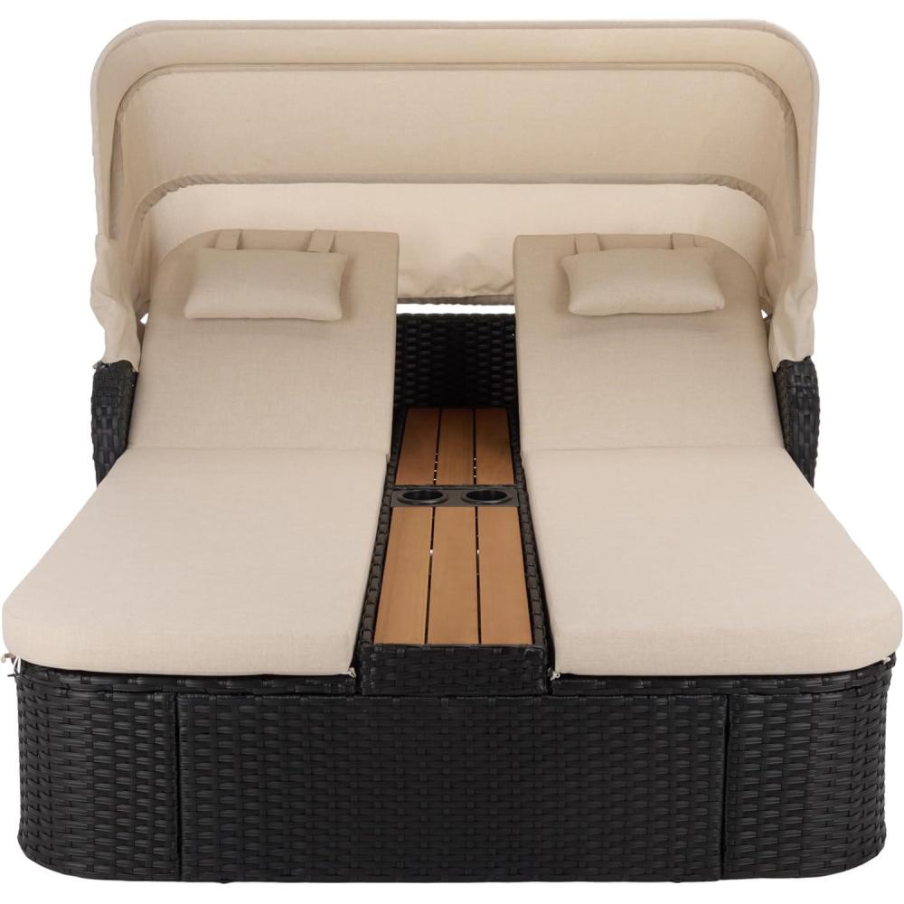image:imageSAFAVIEH Outdoor Patio Furniture Collection Victoria Black amp Taupe Double Daybed Rattan Canopy Lounger with Reversible Cushions PAT7759BBlackTaupe