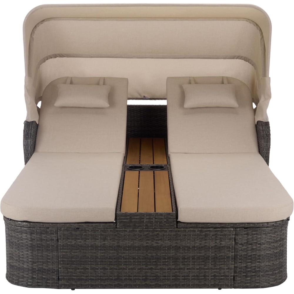 image:imageSAFAVIEH Outdoor Patio Furniture Collection Victoria Black amp Taupe Double Daybed Rattan Canopy Lounger with Reversible Cushions PAT7759BGrey BrownTaupe