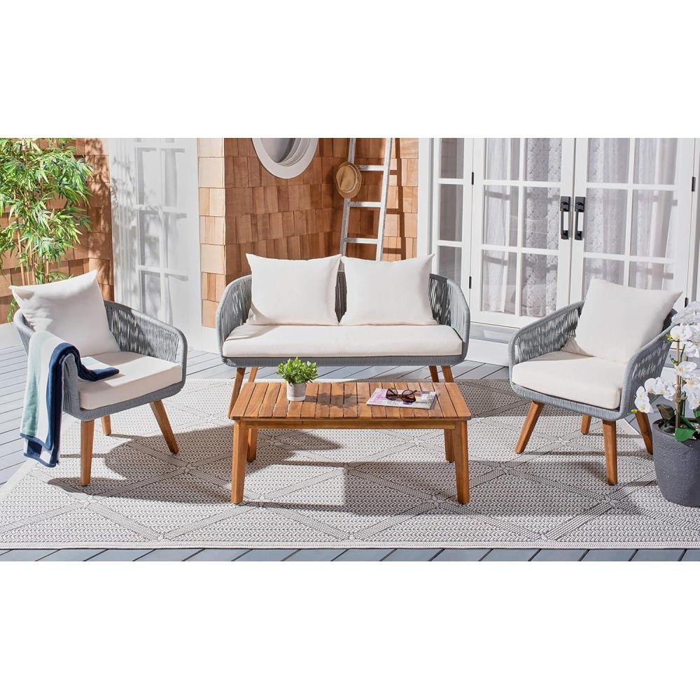 image:imageSAFAVIEH PAT7073A Outdoor Prester Rope 4Piece Seat Cushions and Pillows Included Patio SetGrey Beige