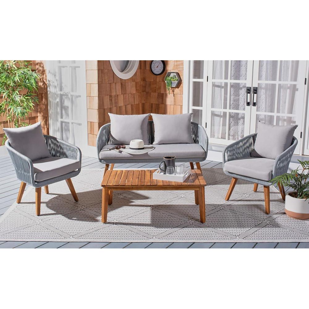 image:imageSAFAVIEH PAT7073A Outdoor Prester Rope 4Piece Seat Cushions and Pillows Included Patio SetGrey Grey
