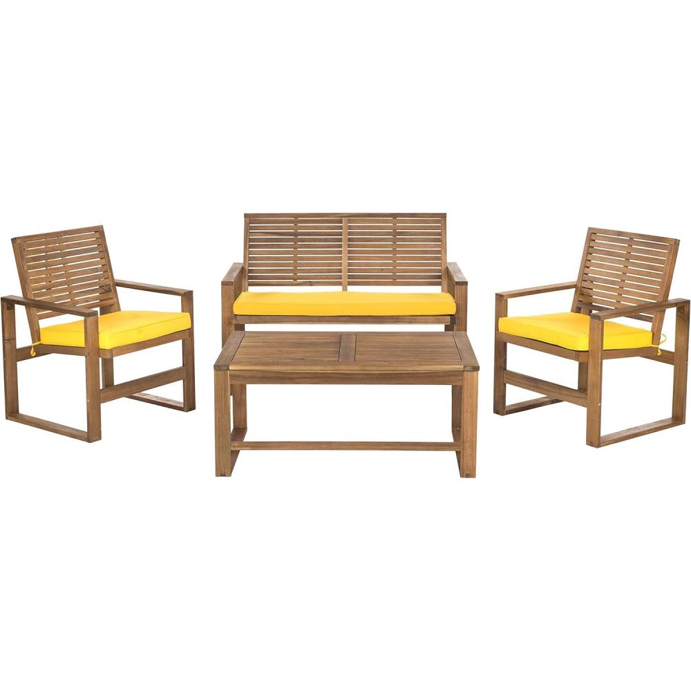 image:imageSafavieh Home Collection Hailey Outdoor Living 4Piece Acacia Patio Furniture Set Brown and Yellow