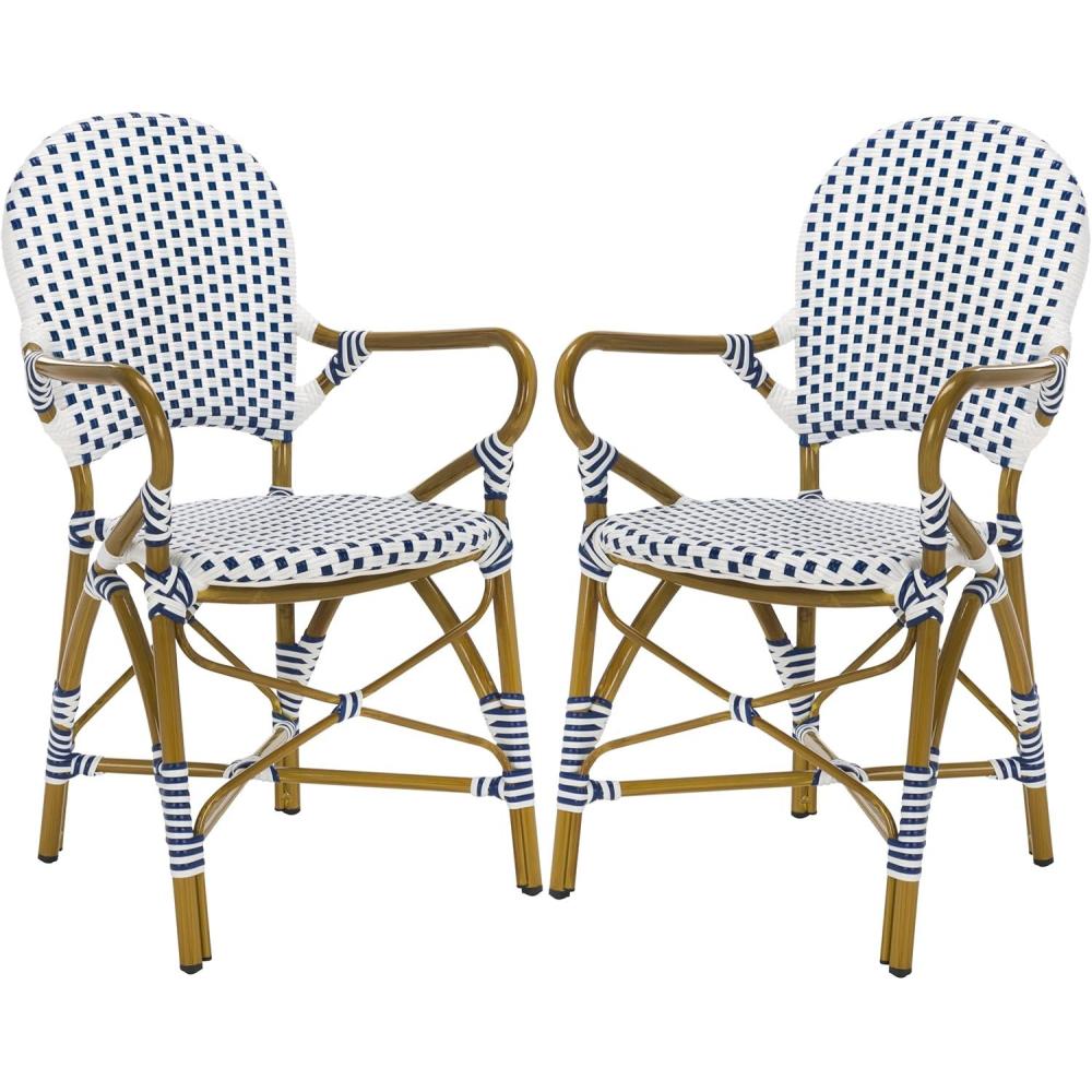 image:imageSafavieh Home Hooper Navy and White IndoorOutdoor Rattan Stacking Arm Chair Set of 2Blue White