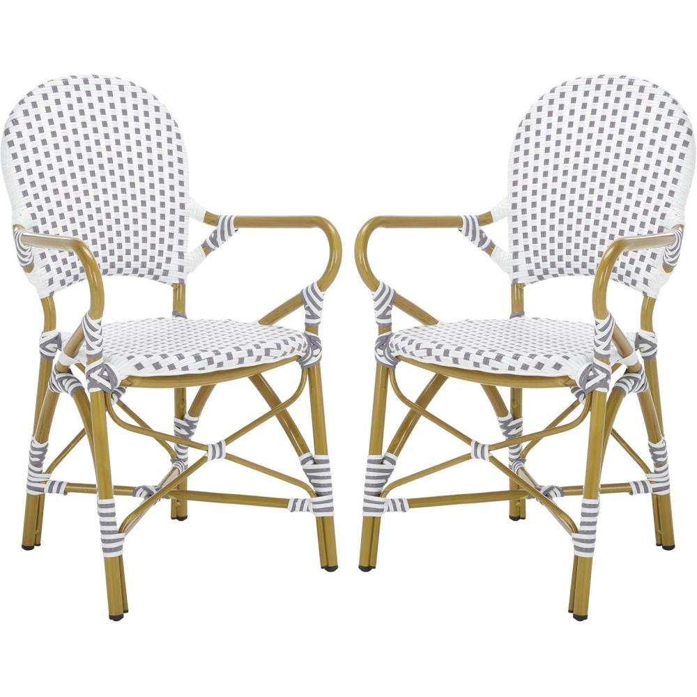 image:imageSafavieh Home Hooper Navy and White IndoorOutdoor Rattan Stacking Arm Chair Set of 2Grey White