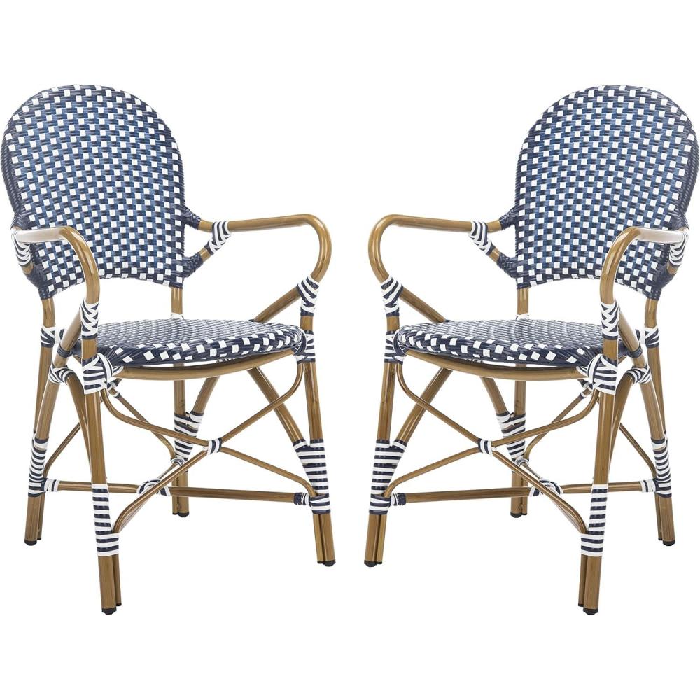 image:imageSafavieh Home Hooper Navy and White IndoorOutdoor Rattan Stacking Arm Chair Set of 2Navy White
