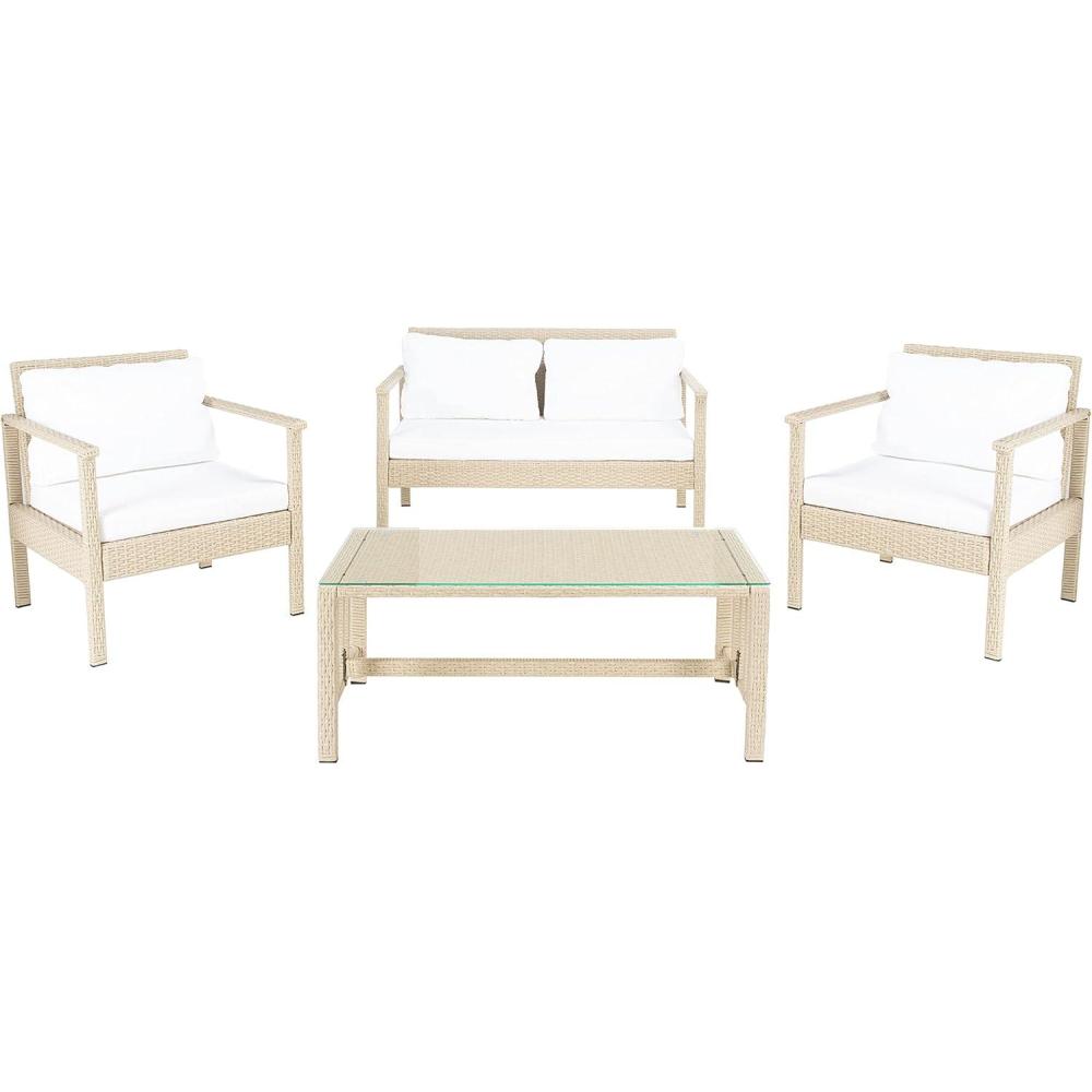 image:imageSafavieh Outdoor Collection Garnen Wicker Cushion 4Piece Living Set PAT7714D NaturalWhiteGrey White