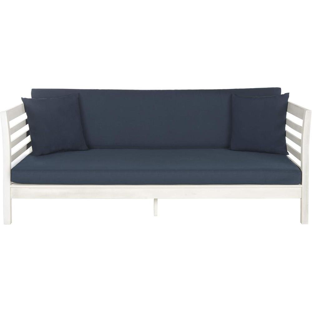 image:imageSafavieh Outdoor Collection Malibu Antiqued White Navy Acacia Wood Cushioned DaybedAntique White Navy