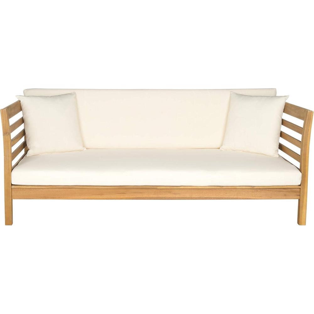 image:imageSafavieh Outdoor Collection Malibu Antiqued White Navy Acacia Wood Cushioned DaybedNatural Beige