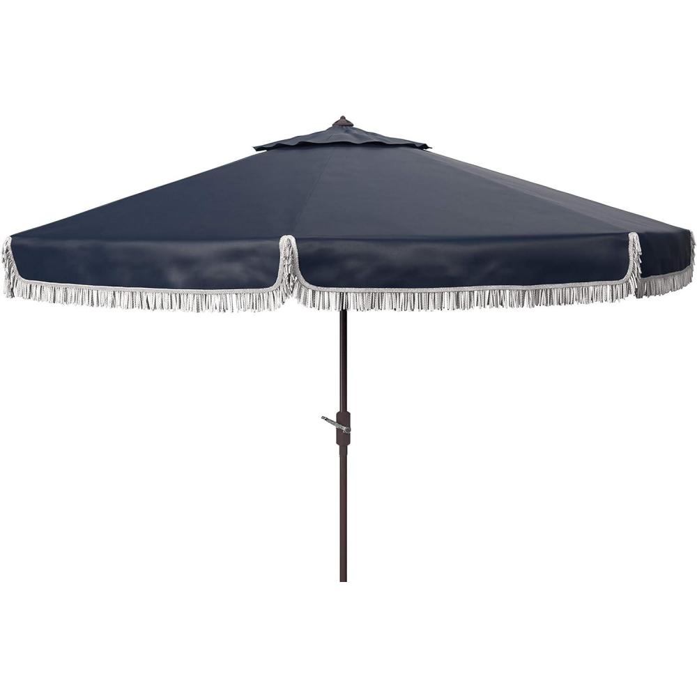 image:imageSafavieh Outdoor Milan Fringe 11Foot Round Crank UV Protected UmbrellaNavyWhite