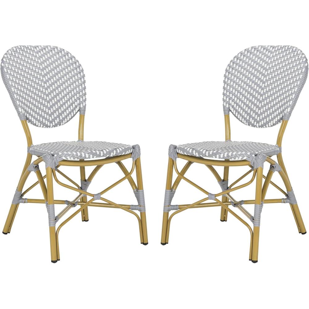 image:imageSafavieh PAT4010ASET2 Outdoor Collection Lisbeth Navy and White French Bistro Stacking Side ChairGrey  White