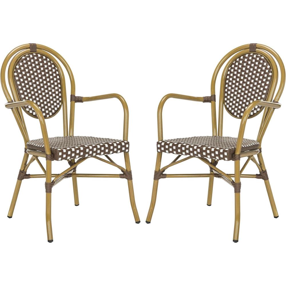 image:imageSafavieh PAT4014ASET2 Outdoor Collection Rosen Navy and White French Bistro Stacking Arm ChairBrown  White