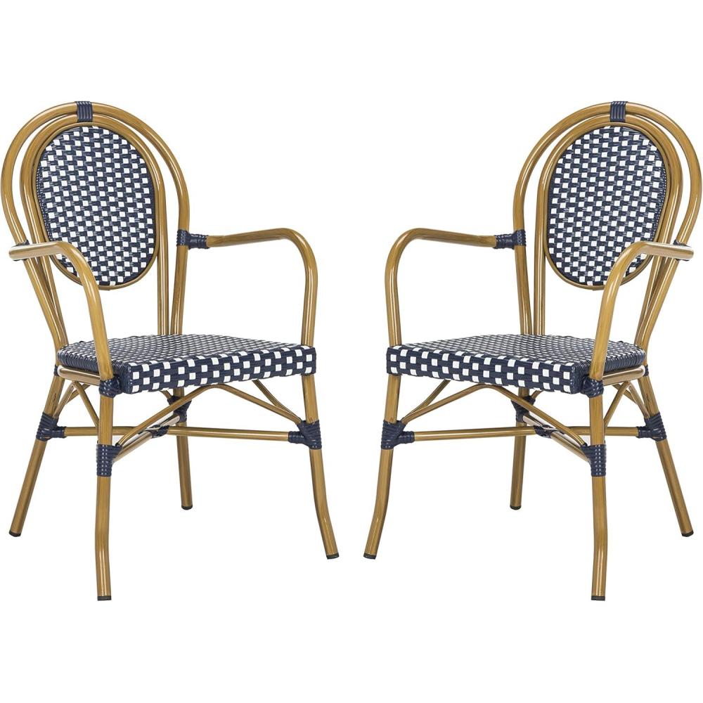 image:imageSafavieh PAT4014ASET2 Outdoor Collection Rosen Navy and White French Bistro Stacking Arm ChairNavy White