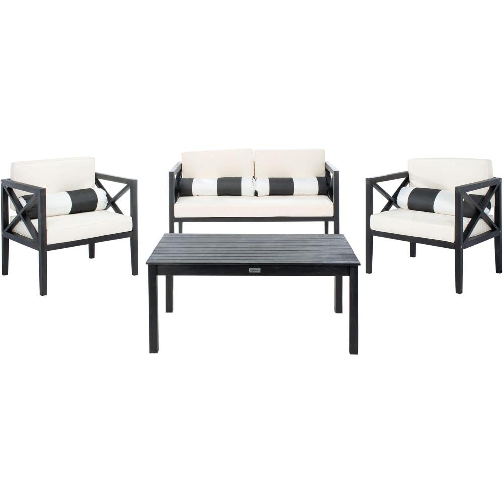 image:imageSafavieh PAT7031A Collection Nunzio Teak and White and Navy 4 Pc Accent Pillows Outdoor SetBlack Beige Bolster P
