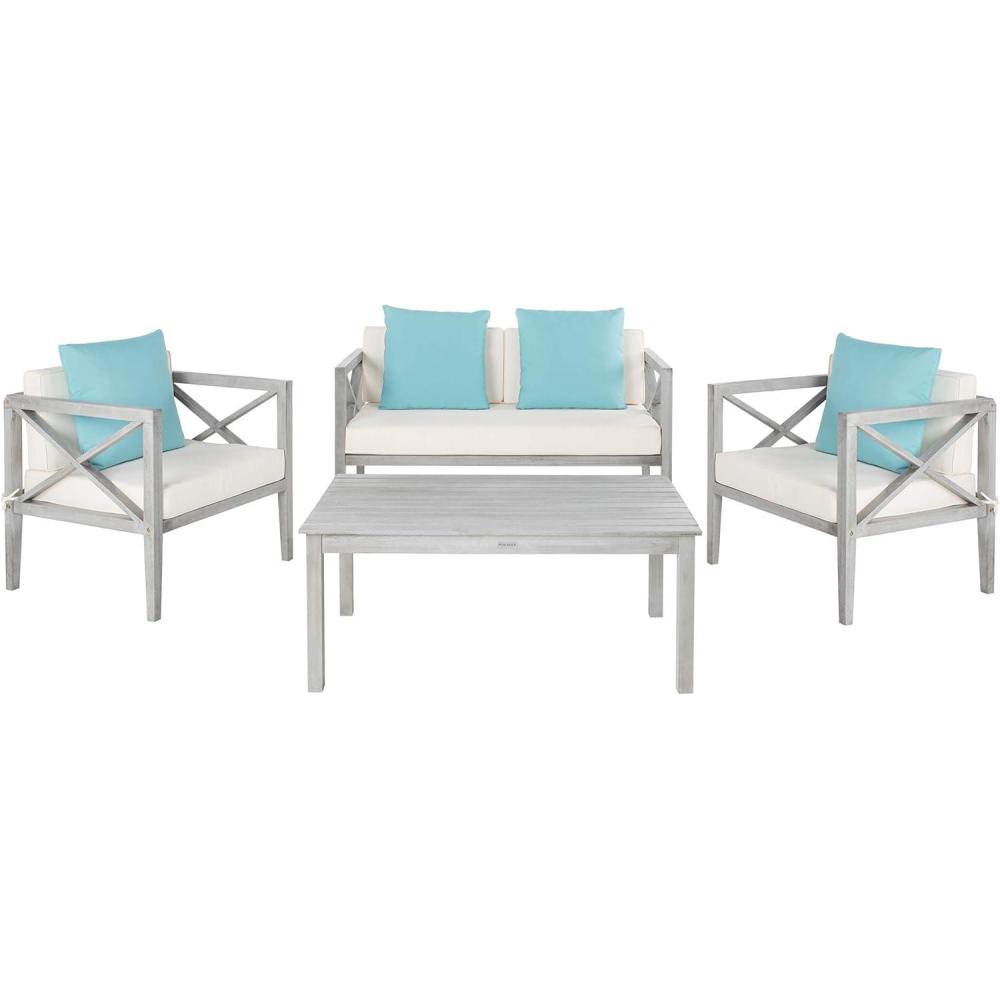 image:imageSafavieh PAT7031A Collection Nunzio Teak and White and Navy 4 Pc Accent Pillows Outdoor SetGrey Beige Solid Pillow