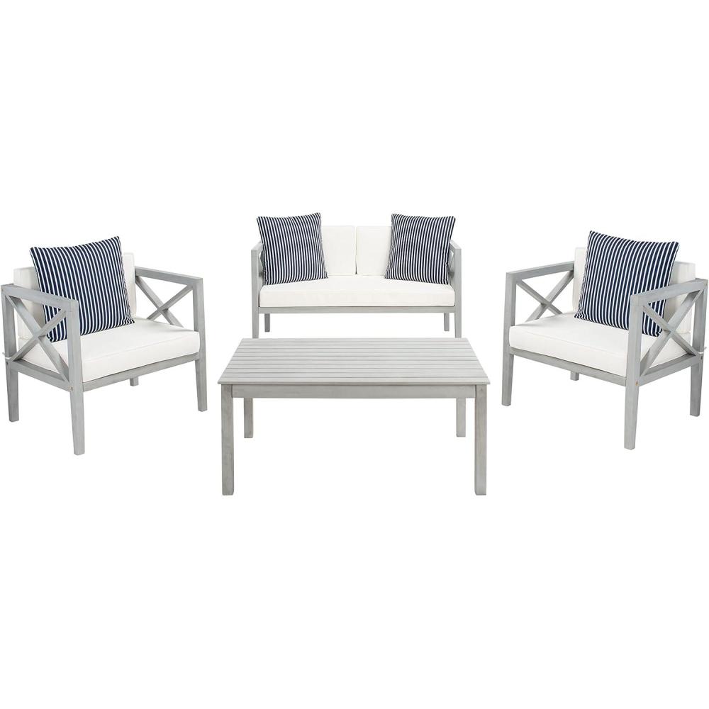 image:imageSafavieh PAT7031A Collection Nunzio Teak and White and Navy 4 Pc Accent Pillows Outdoor SetGrey Beige Thin Stripe P