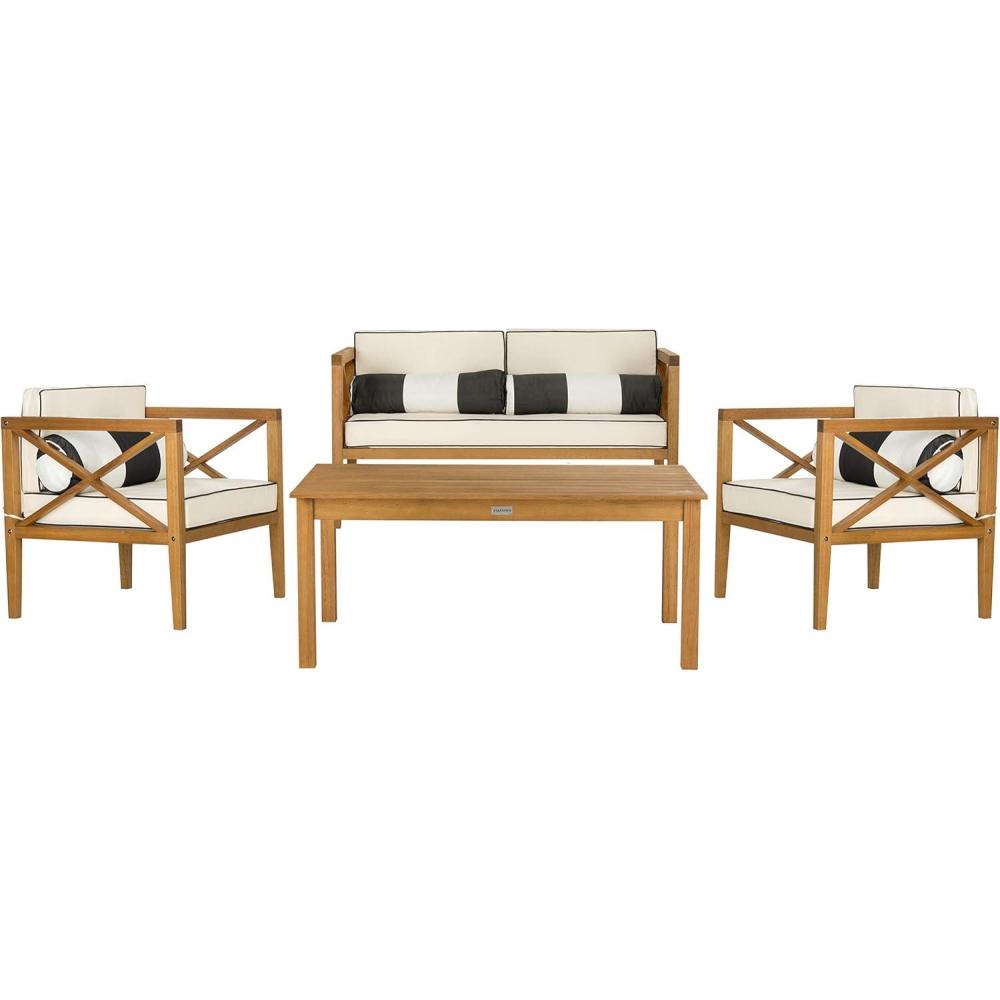 image:imageSafavieh PAT7031A Collection Nunzio Teak and White and Navy 4 Pc Accent Pillows Outdoor SetNatural  Beige  Bolster P