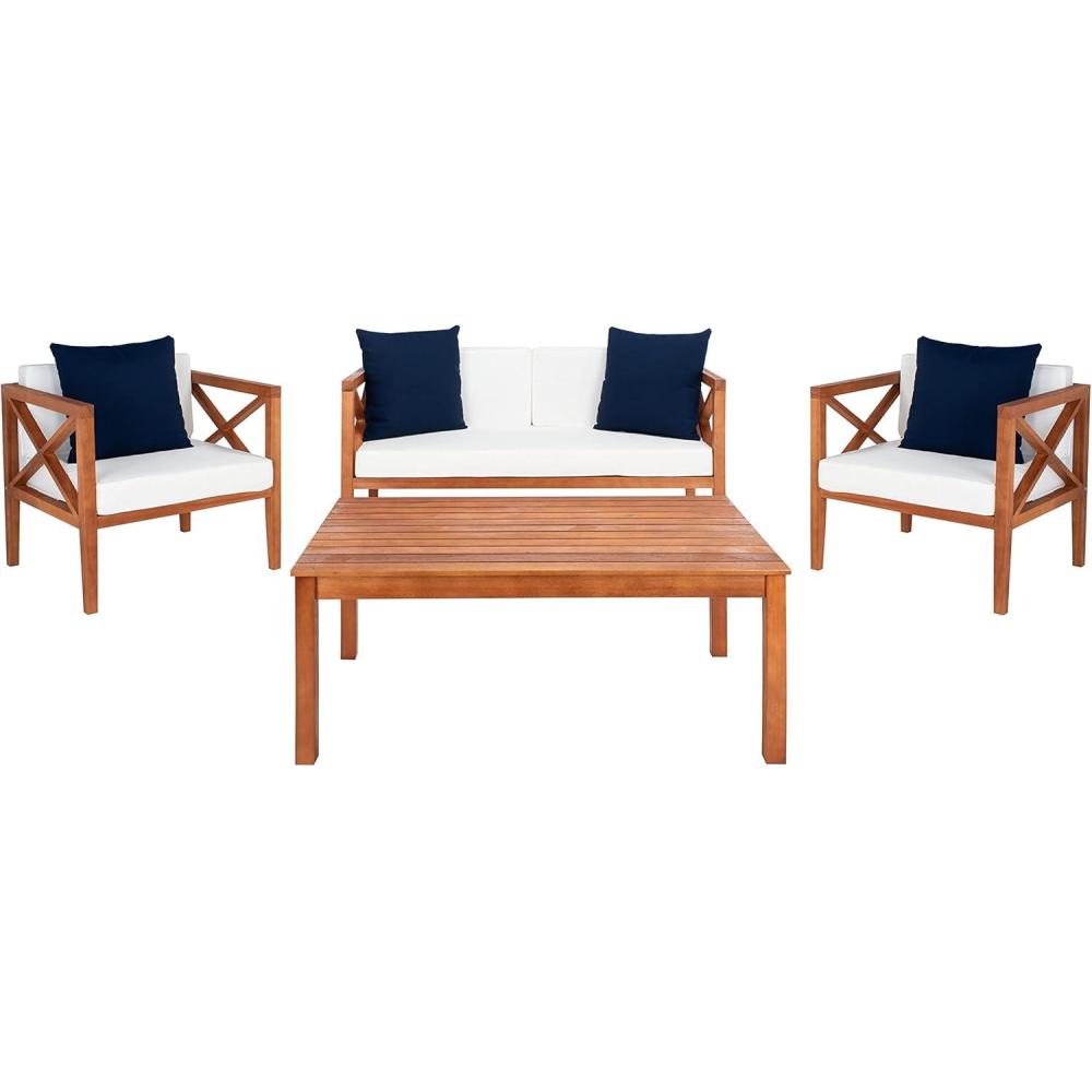 image:imageSafavieh PAT7031A Collection Nunzio Teak and White and Navy 4 Pc Accent Pillows Outdoor SetNatural Beige Solid Pillow