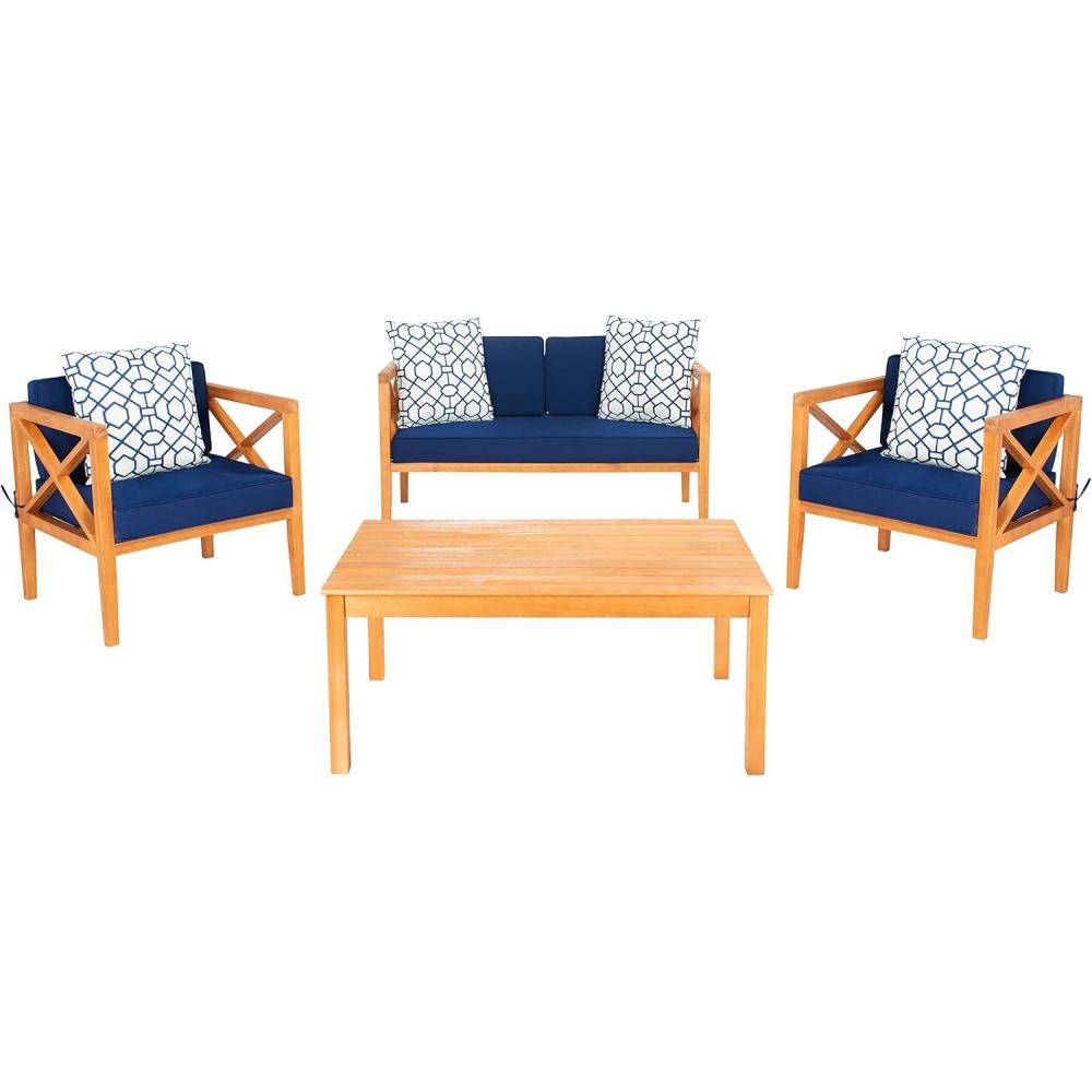 image:imageSafavieh PAT7031A Collection Nunzio Teak and White and Navy 4 Pc Accent Pillows Outdoor SetNatural Navy Trellis P