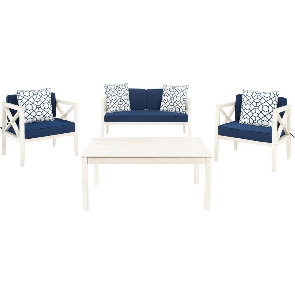 image:imageSafavieh PAT7031A Collection Nunzio Teak and White and Navy 4 Pc Accent Pillows Outdoor SetWhite Navy Trellis Pillow