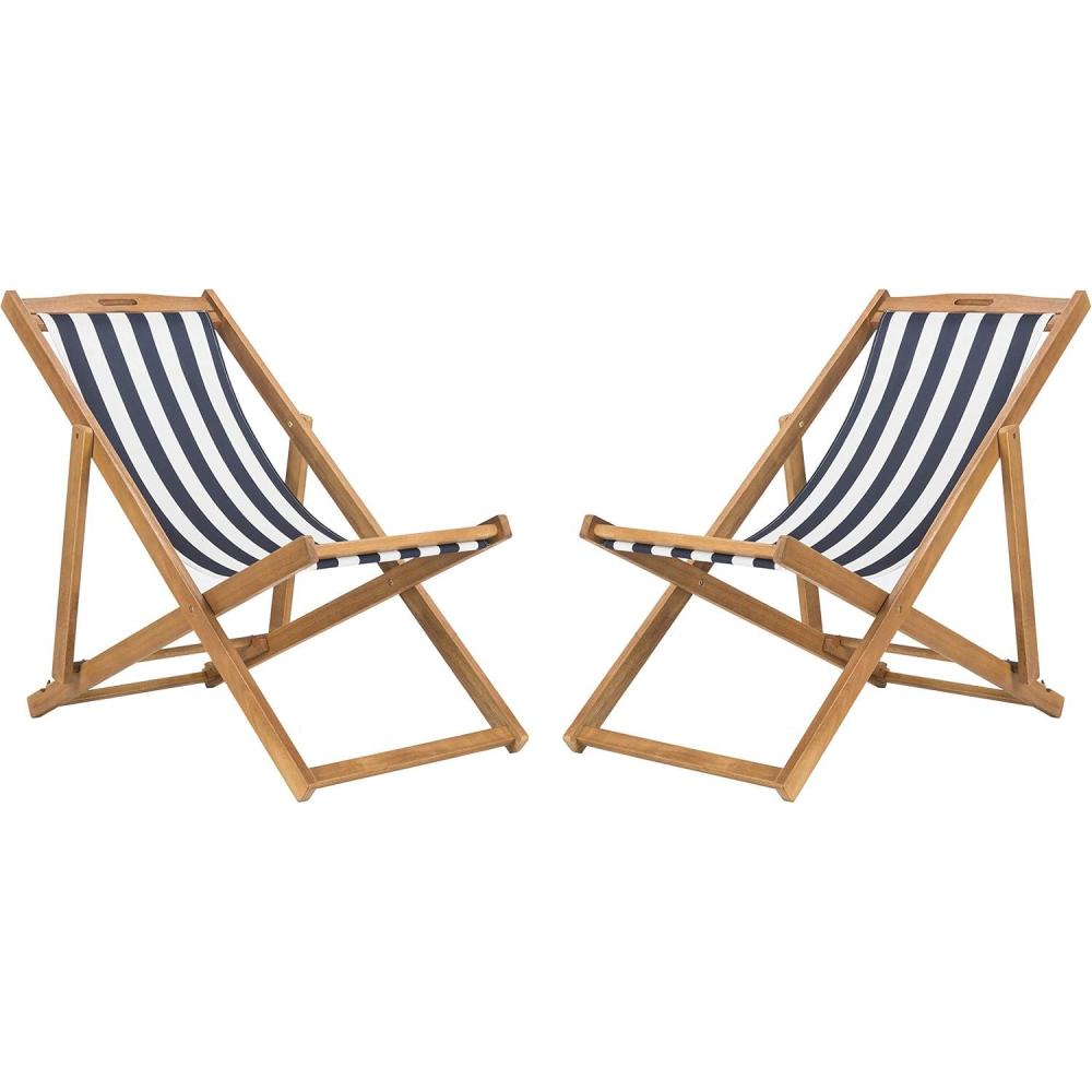 image:imageSafavieh PAT7040A SET2 Outdoor Collection Loren TeakNatural Navy Stripe