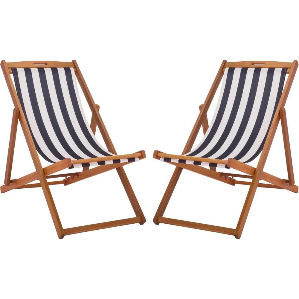 image:imageSafavieh PAT7040A SET2 Outdoor Collection Loren TeakNaturalThin Navy Strip