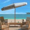 SAFAVIEH 6.5ft Outdoor Patio Umbrella, Round, Copen Collection, White & Light Blue Stripe, Fringe Trim, Button Tilt, UV Resistant for Deck, Backyard, Poolside (PAT8501C)(White / Blue)