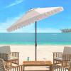 SAFAVIEH 9ft Outdoor Patio Umbrella, Round, Valance, Navy & White Trim, Auto Crank Tilt, UV Resistant for Deck, Backyard, Poolside (PAT8006A)(Beige/White)