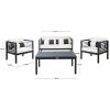 SAFAVIEH Outdoor Collection Alda Grey Wash/ White Cushions/ Light Blue Pillows 4-Piece Conversation Patio Set(Black / Beige + Bolster P)