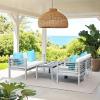 SAFAVIEH Outdoor Collection Alda Grey Wash/ White Cushions/ Light Blue Pillows 4-Piece Conversation Patio Set(Grey / Beige + Solid Pillow)