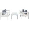 SAFAVIEH Outdoor Collection Alda Grey Wash/ White Cushions/ Light Blue Pillows 4-Piece Conversation Patio Set(Grey / Beige + Thin Stripe P)