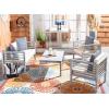 SAFAVIEH Outdoor Collection Alda Grey Wash/ White Cushions/ Light Blue Pillows 4-Piece Conversation Patio Set(Grey / Beige + Thin Stripe P)