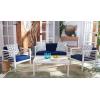 SAFAVIEH Outdoor Collection Alda Grey Wash/ White Cushions/ Light Blue Pillows 4-Piece Conversation Patio Set(White / Navy + Trellis Pillow)